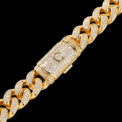 Iced Out Gold Miami Cuban necklace with personalised letter clasp surrounded by simulated diamonds