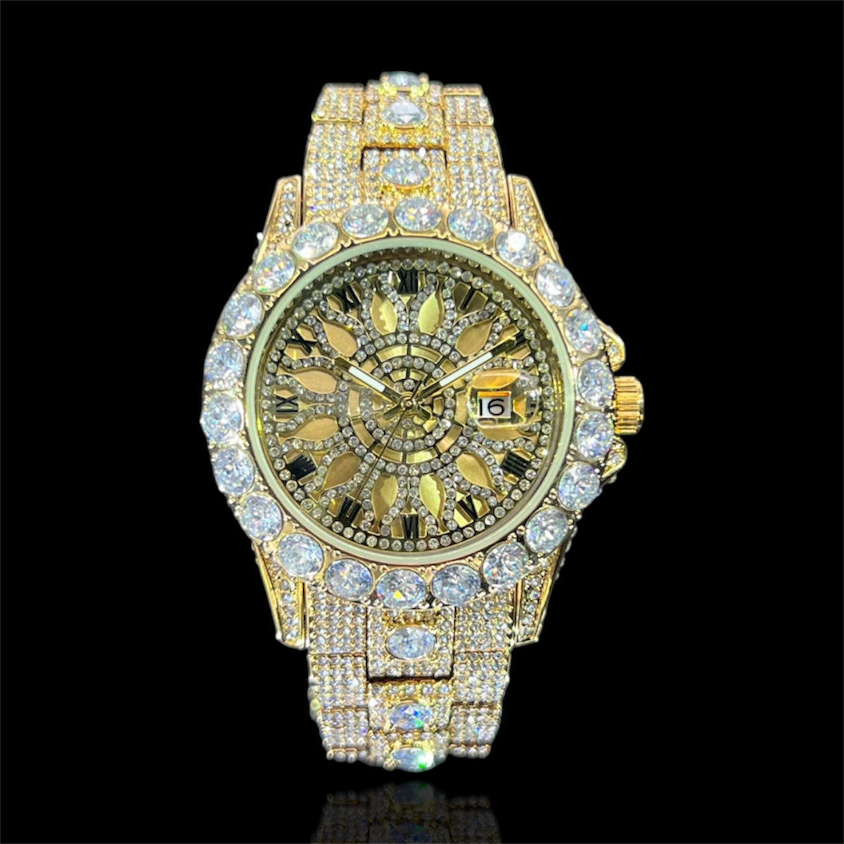 Sunburst Date 45mm – Fully Iced Goud Verguld Horloge