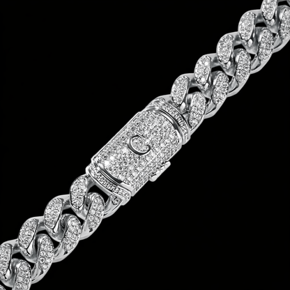 Luxury Silver Miami Cuban chain with engraved initial and pavé simulated diamond clasp