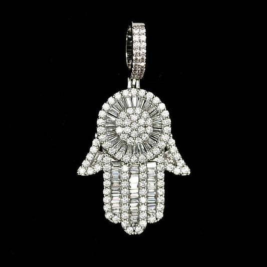 White Gold Plated Iced Out Baguette Hamsa hand Pendant