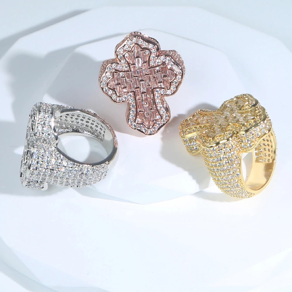 Gold Plated | Baguette Diamond Cross Ring
